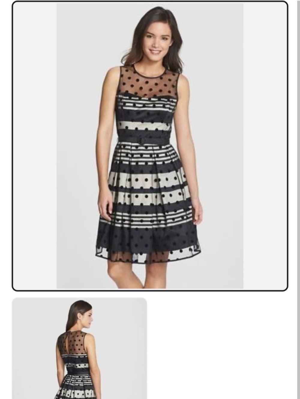 Sheer Polka Dot Black and Cream Stripe Fit-and-Flare Party Dress Pockets 12
